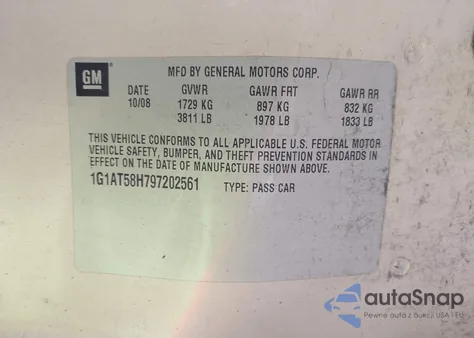 2009 Chevrolet Cobalt Lt из США, поврежденный, VIN 1G1AT58H797202561